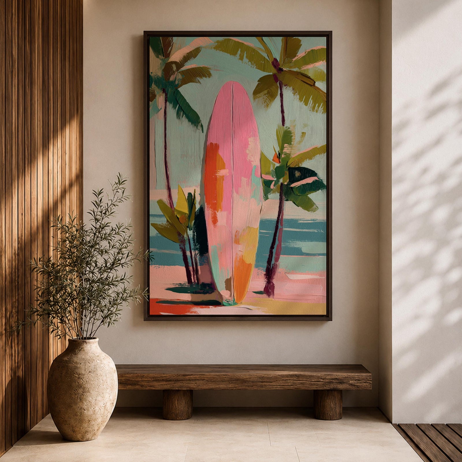 Modern tropical beach artwork featuring a pink surfboard standing on a sandy shoreline surrounded by palm trees. Soft pastel colors, coastal vibes, and contemporary painterly brushstrokes create a relaxing seaside atmosphere perfect for beach homes, coastal interiors, and summer-inspired décor.