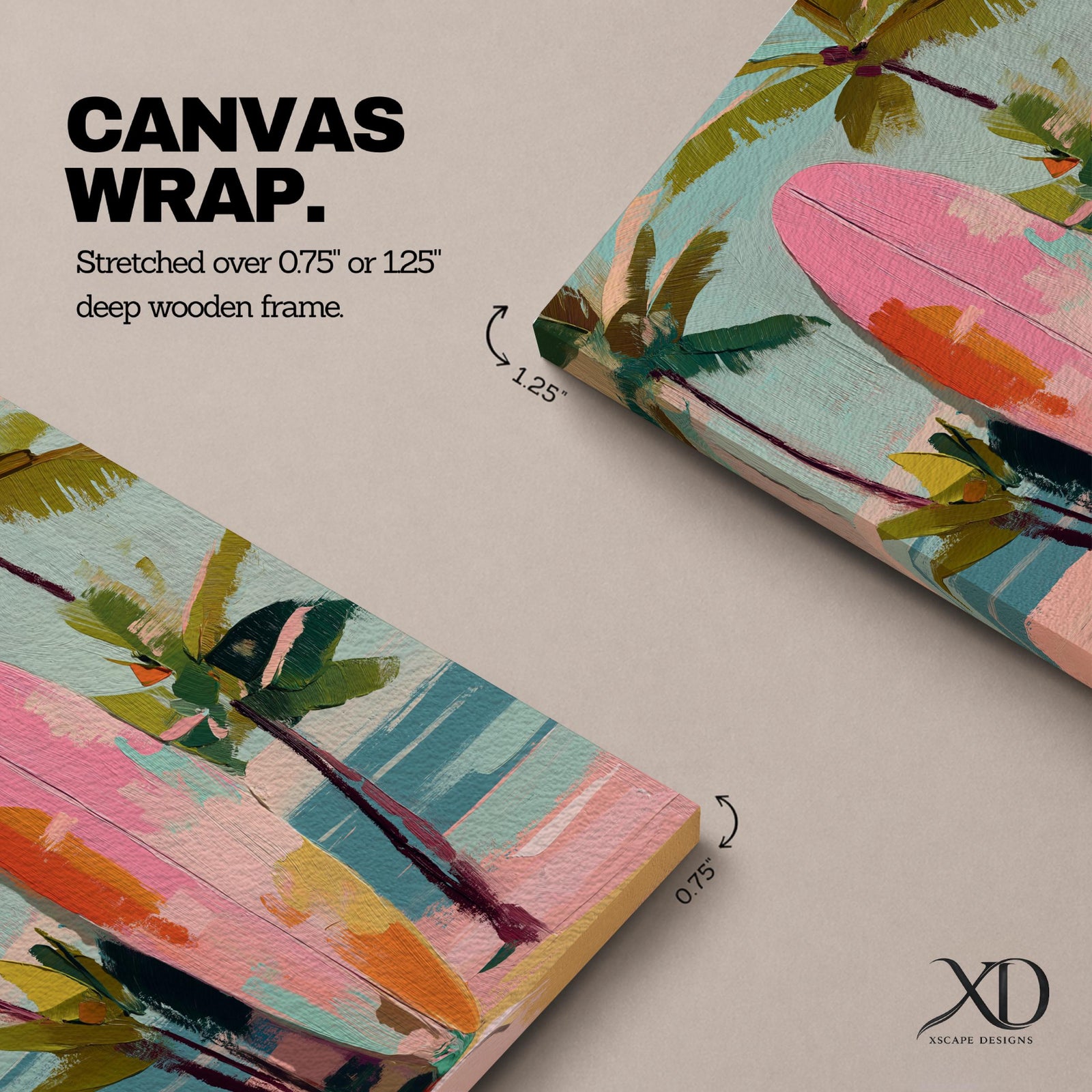 Modern tropical beach artwork featuring a pink surfboard standing on a sandy shoreline surrounded by palm trees. Soft pastel colors, coastal vibes, and contemporary painterly brushstrokes create a relaxing seaside atmosphere perfect for beach homes, coastal interiors, and summer-inspired décor.