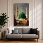 Islamic wall art featuring the iconic Green Dome of Al Masjid an-Nabawi in Madinah, surrounded by elegant minarets. Soft impressionist brushwork, warm architectural tones, and a serene atmosphere create a meaningful spiritual artwork ideal for Muslim homes, prayer rooms, and Islamic interiors.