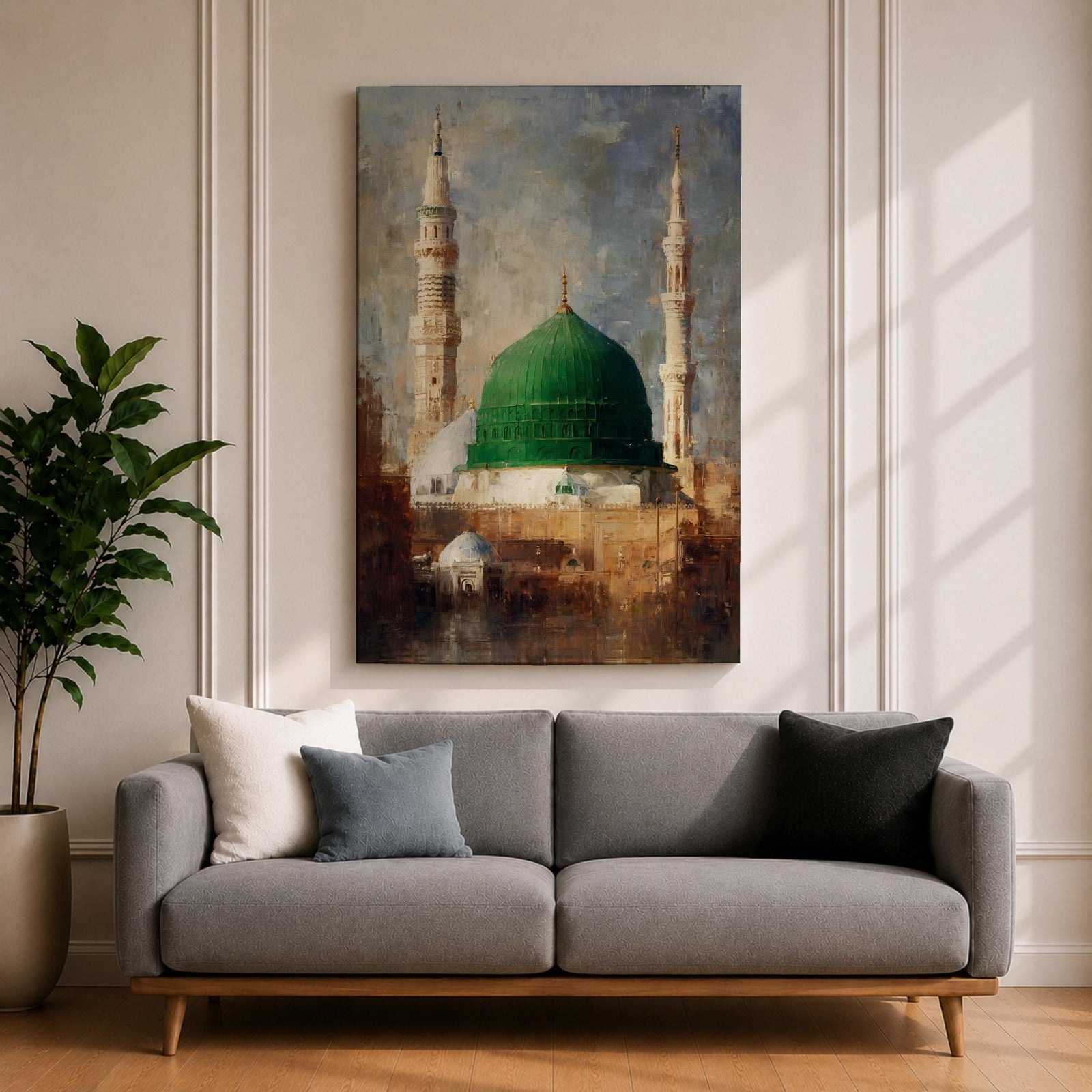 Islamic wall art featuring the iconic Green Dome of Al Masjid an-Nabawi in Madinah, surrounded by elegant minarets. Soft impressionist brushwork, warm architectural tones, and a serene atmosphere create a meaningful spiritual artwork ideal for Muslim homes, prayer rooms, and Islamic interiors.