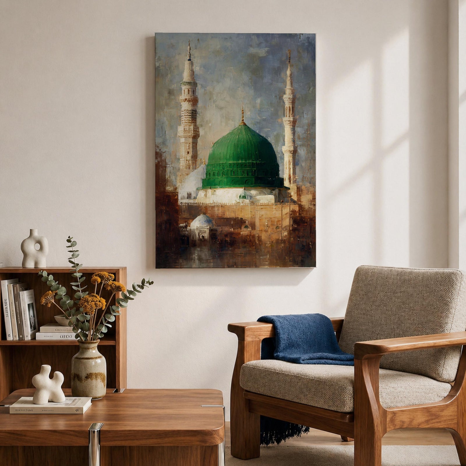 Islamic wall art featuring the iconic Green Dome of Al Masjid an-Nabawi in Madinah, surrounded by elegant minarets. Soft impressionist brushwork, warm architectural tones, and a serene atmosphere create a meaningful spiritual artwork ideal for Muslim homes, prayer rooms, and Islamic interiors.