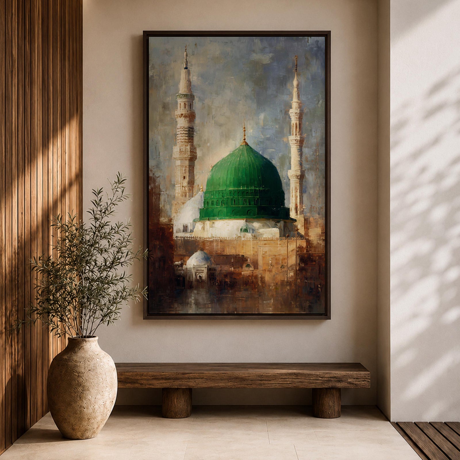 Islamic wall art featuring the iconic Green Dome of Al Masjid an-Nabawi in Madinah, surrounded by elegant minarets. Soft impressionist brushwork, warm architectural tones, and a serene atmosphere create a meaningful spiritual artwork ideal for Muslim homes, prayer rooms, and Islamic interiors.