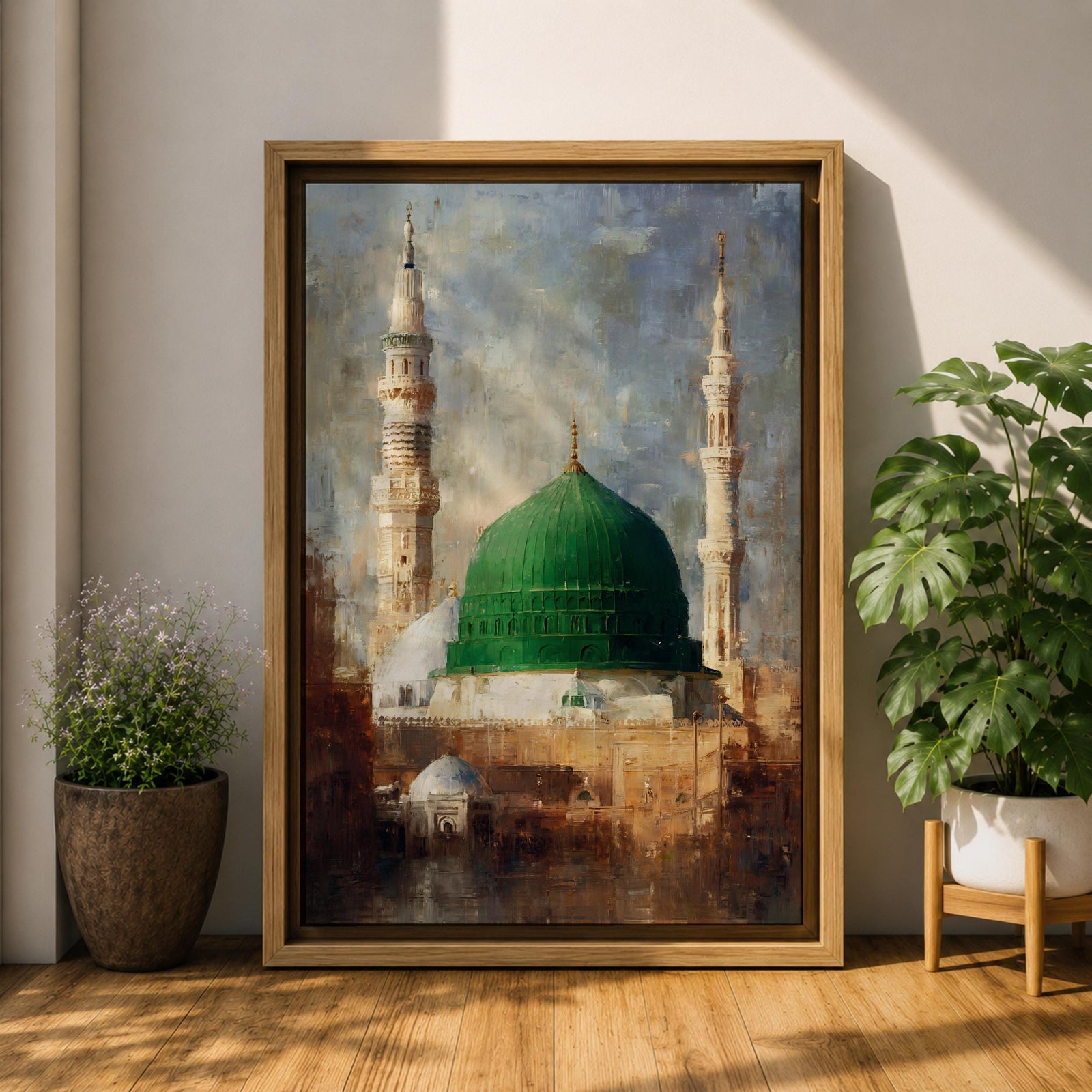 Islamic wall art featuring the iconic Green Dome of Al Masjid an-Nabawi in Madinah, surrounded by elegant minarets. Soft impressionist brushwork, warm architectural tones, and a serene atmosphere create a meaningful spiritual artwork ideal for Muslim homes, prayer rooms, and Islamic interiors.