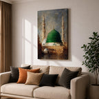 Islamic wall art featuring the iconic Green Dome of Al Masjid an-Nabawi in Madinah, surrounded by elegant minarets. Soft impressionist brushwork, warm architectural tones, and a serene atmosphere create a meaningful spiritual artwork ideal for Muslim homes, prayer rooms, and Islamic interiors.