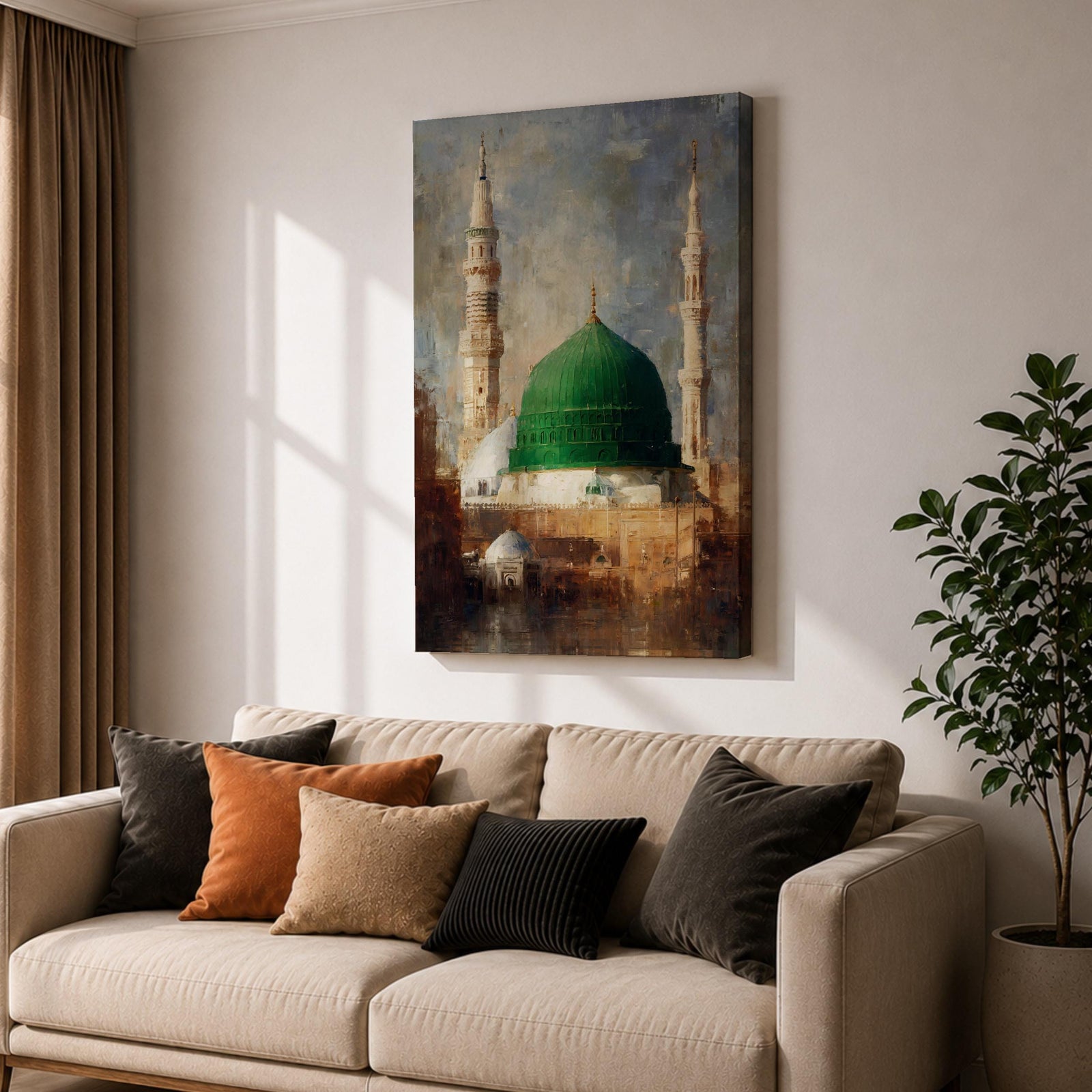 Islamic wall art featuring the iconic Green Dome of Al Masjid an-Nabawi in Madinah, surrounded by elegant minarets. Soft impressionist brushwork, warm architectural tones, and a serene atmosphere create a meaningful spiritual artwork ideal for Muslim homes, prayer rooms, and Islamic interiors.