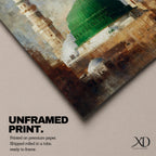 Islamic wall art featuring the iconic Green Dome of Al Masjid an-Nabawi in Madinah, surrounded by elegant minarets. Soft impressionist brushwork, warm architectural tones, and a serene atmosphere create a meaningful spiritual artwork ideal for Muslim homes, prayer rooms, and Islamic interiors.