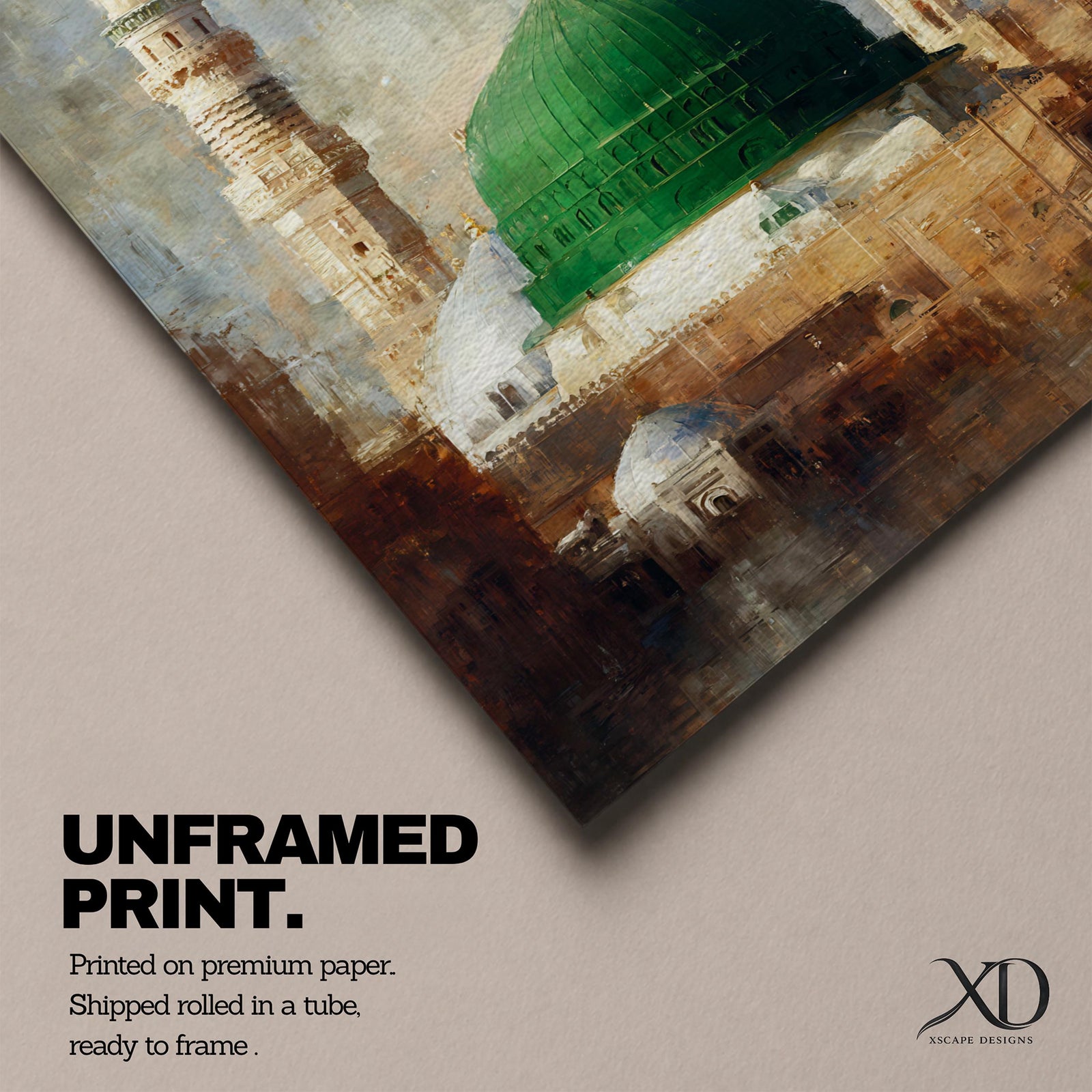 Islamic wall art featuring the iconic Green Dome of Al Masjid an-Nabawi in Madinah, surrounded by elegant minarets. Soft impressionist brushwork, warm architectural tones, and a serene atmosphere create a meaningful spiritual artwork ideal for Muslim homes, prayer rooms, and Islamic interiors.