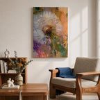 Close-up of a dandelion seed head with fine white filaments against a colorful abstract background featuring warm tones of orange, purple, and green, rendered in an abstract botanical style on a framed canvas.