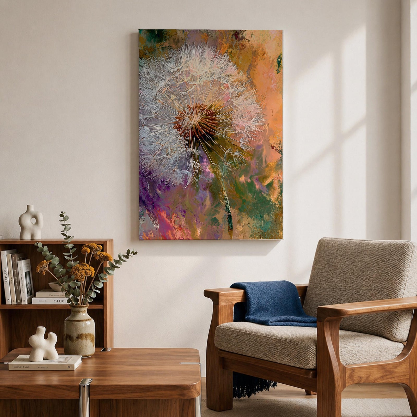 Close-up of a dandelion seed head with fine white filaments against a colorful abstract background featuring warm tones of orange, purple, and green, rendered in an abstract botanical style on a framed canvas.