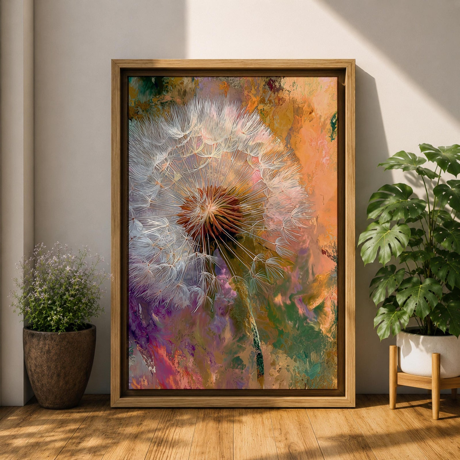Close-up of a dandelion seed head with fine white filaments against a colorful abstract background featuring warm tones of orange, purple, and green, rendered in an abstract botanical style on a framed canvas.