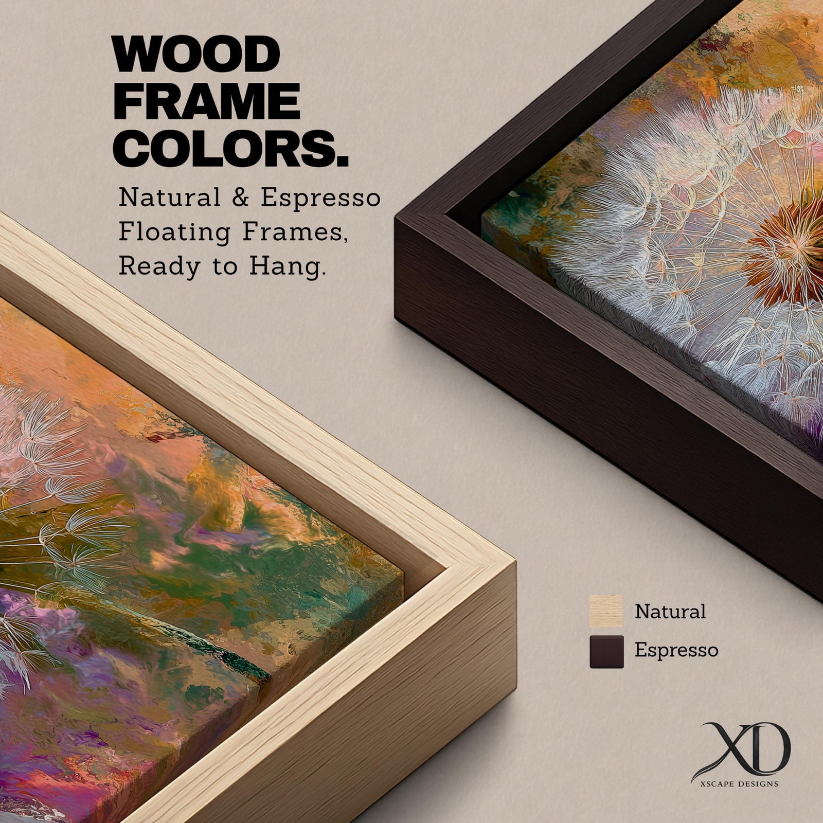 Close-up of a dandelion seed head with fine white filaments against a colorful abstract background featuring warm tones of orange, purple, and green, rendered in an abstract botanical style on a framed canvas.