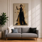 Lady Justice wall art featuring a regal goddess holding scales and a sword, dressed in an elegant black and gold gown. Modern Justitia artwork symbolizing justice, wisdom, authority, and feminine strength for law offices and luxury interiors.
