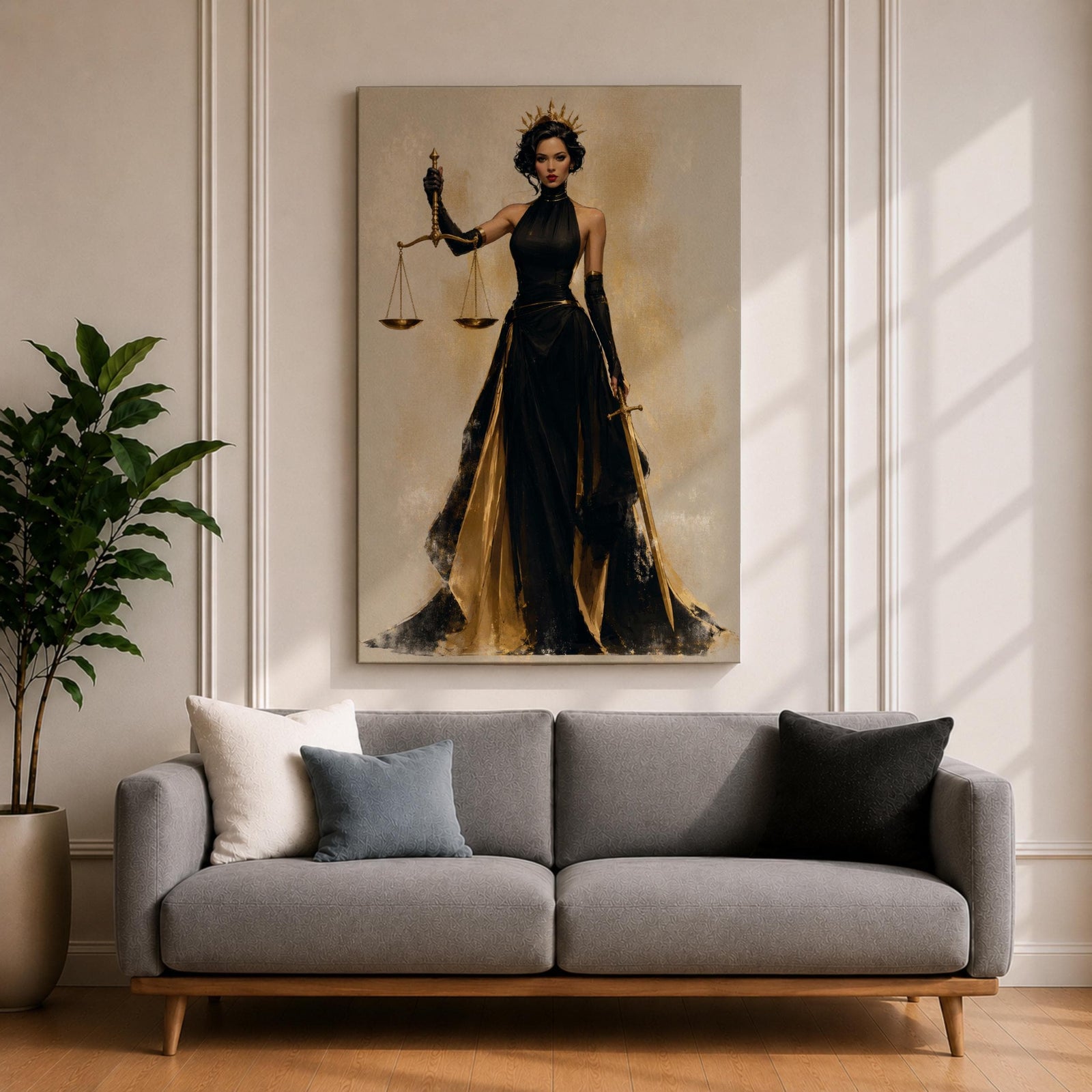 Lady Justice wall art featuring a regal goddess holding scales and a sword, dressed in an elegant black and gold gown. Modern Justitia artwork symbolizing justice, wisdom, authority, and feminine strength for law offices and luxury interiors.