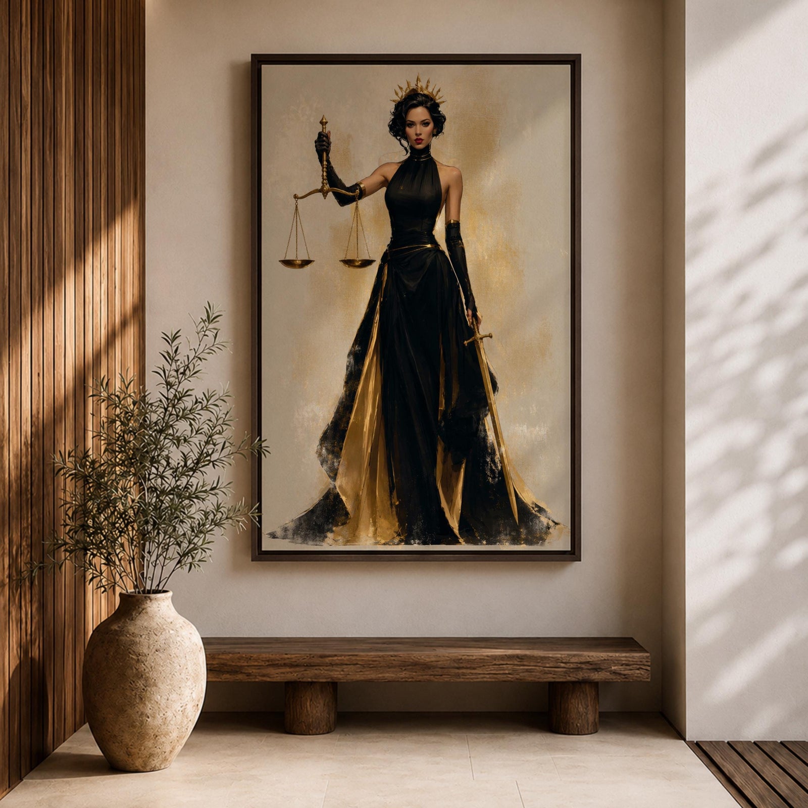 Lady Justice wall art featuring a regal goddess holding scales and a sword, dressed in an elegant black and gold gown. Modern Justitia artwork symbolizing justice, wisdom, authority, and feminine strength for law offices and luxury interiors.