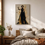 Lady Justice wall art featuring a regal goddess holding scales and a sword, dressed in an elegant black and gold gown. Modern Justitia artwork symbolizing justice, wisdom, authority, and feminine strength for law offices and luxury interiors.