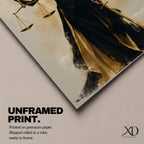 Lady Justice wall art featuring a regal goddess holding scales and a sword, dressed in an elegant black and gold gown. Modern Justitia artwork symbolizing justice, wisdom, authority, and feminine strength for law offices and luxury interiors.