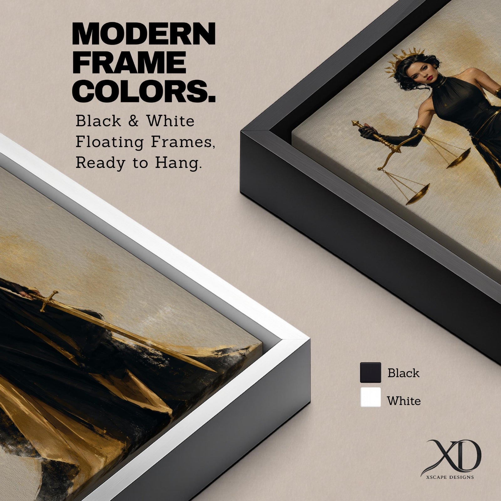Lady Justice wall art featuring a regal goddess holding scales and a sword, dressed in an elegant black and gold gown. Modern Justitia artwork symbolizing justice, wisdom, authority, and feminine strength for law offices and luxury interiors.