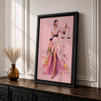 Elevate your workspace with this Lady Justice Wall Art, featuring a stylish blindfolded Lady Justice in a flowing pink floral gown holding the scales and sword. Elegant watercolor splashes, soft blush tones, and contemporary fashion illustration create the perfect statement piece for modern lawyer offices and legal professionals.