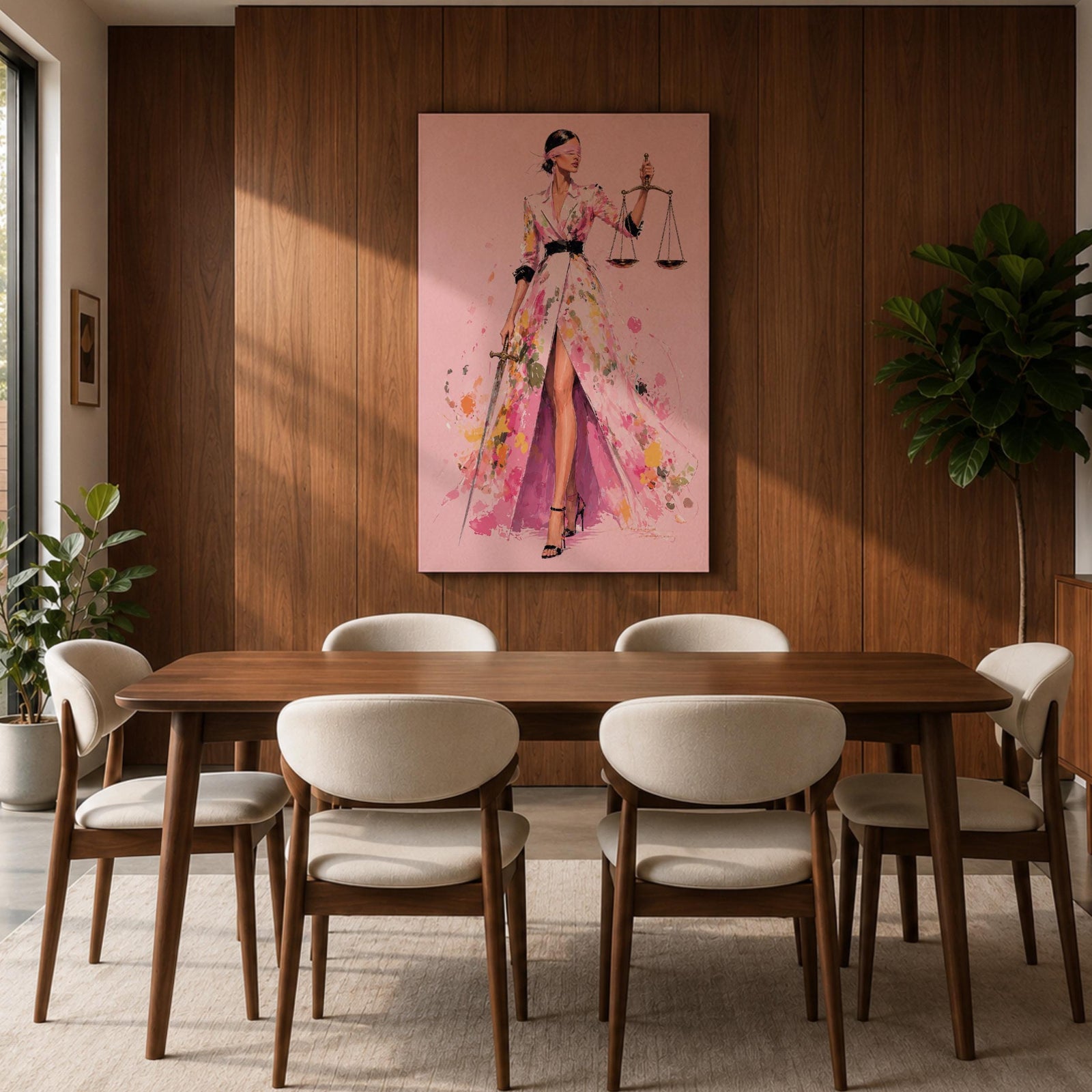 Elevate your workspace with this Lady Justice Wall Art, featuring a stylish blindfolded Lady Justice in a flowing pink floral gown holding the scales and sword. Elegant watercolor splashes, soft blush tones, and contemporary fashion illustration create the perfect statement piece for modern lawyer offices and legal professionals.