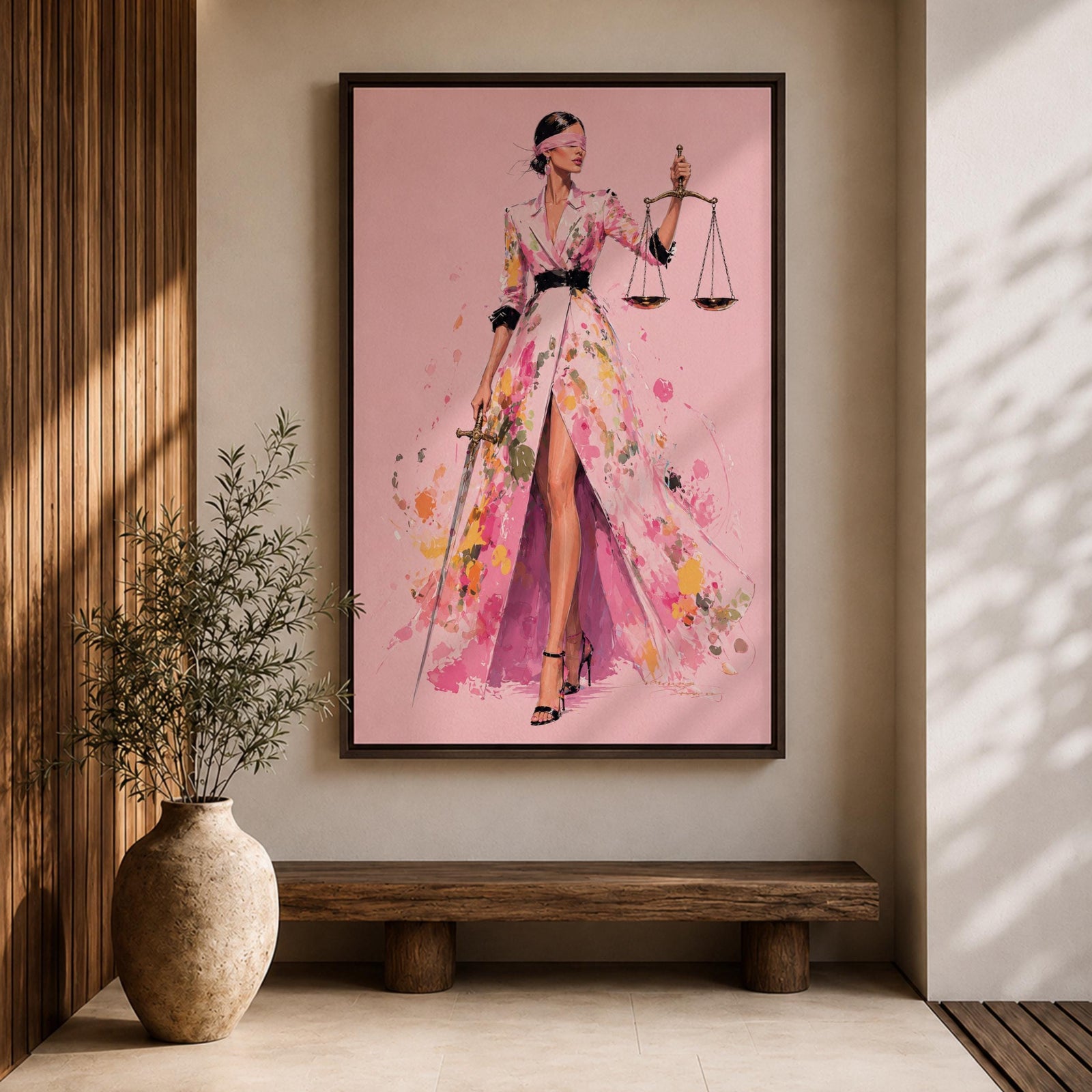 Elevate your workspace with this Lady Justice Wall Art, featuring a stylish blindfolded Lady Justice in a flowing pink floral gown holding the scales and sword. Elegant watercolor splashes, soft blush tones, and contemporary fashion illustration create the perfect statement piece for modern lawyer offices and legal professionals.