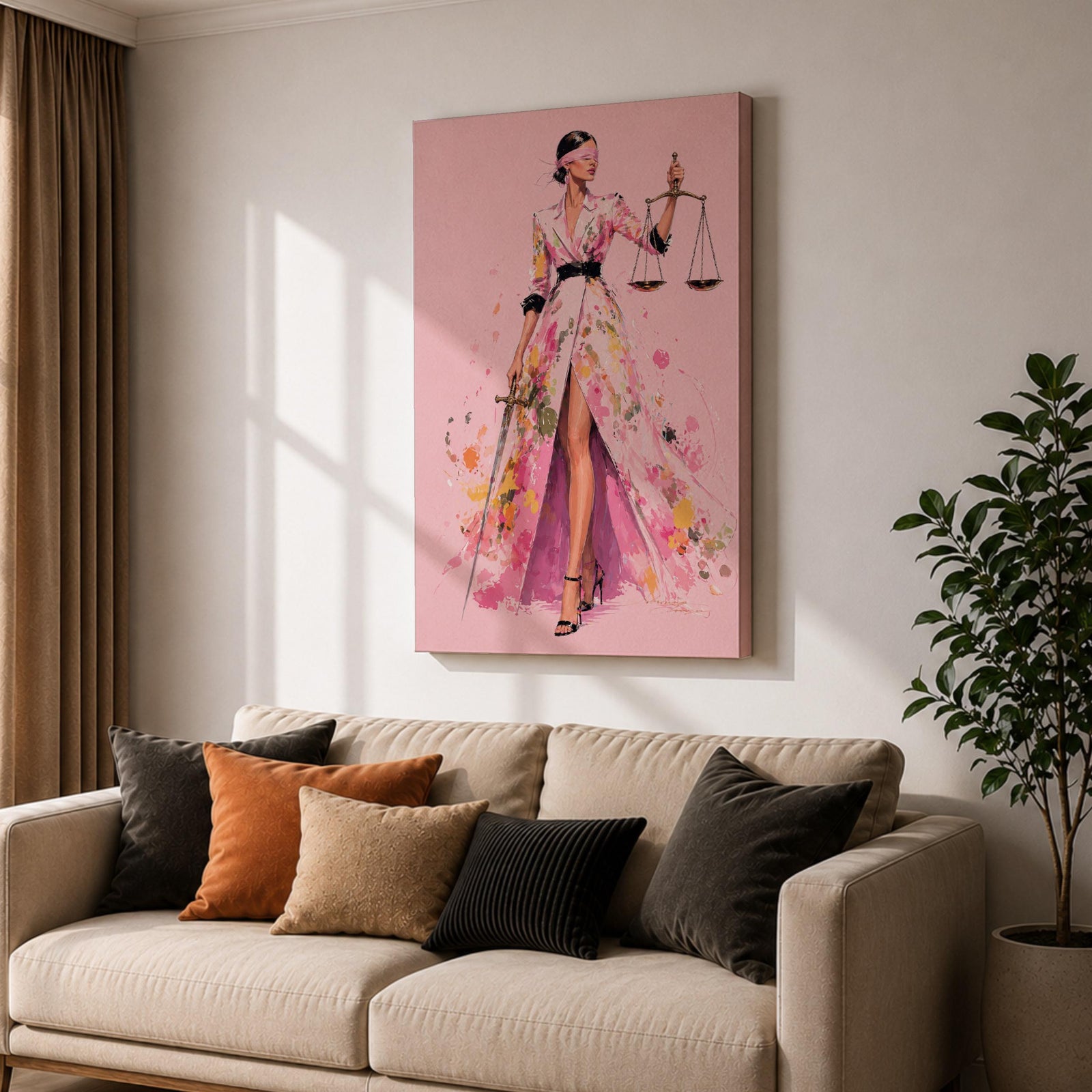 Elevate your workspace with this Lady Justice Wall Art, featuring a stylish blindfolded Lady Justice in a flowing pink floral gown holding the scales and sword. Elegant watercolor splashes, soft blush tones, and contemporary fashion illustration create the perfect statement piece for modern lawyer offices and legal professionals.