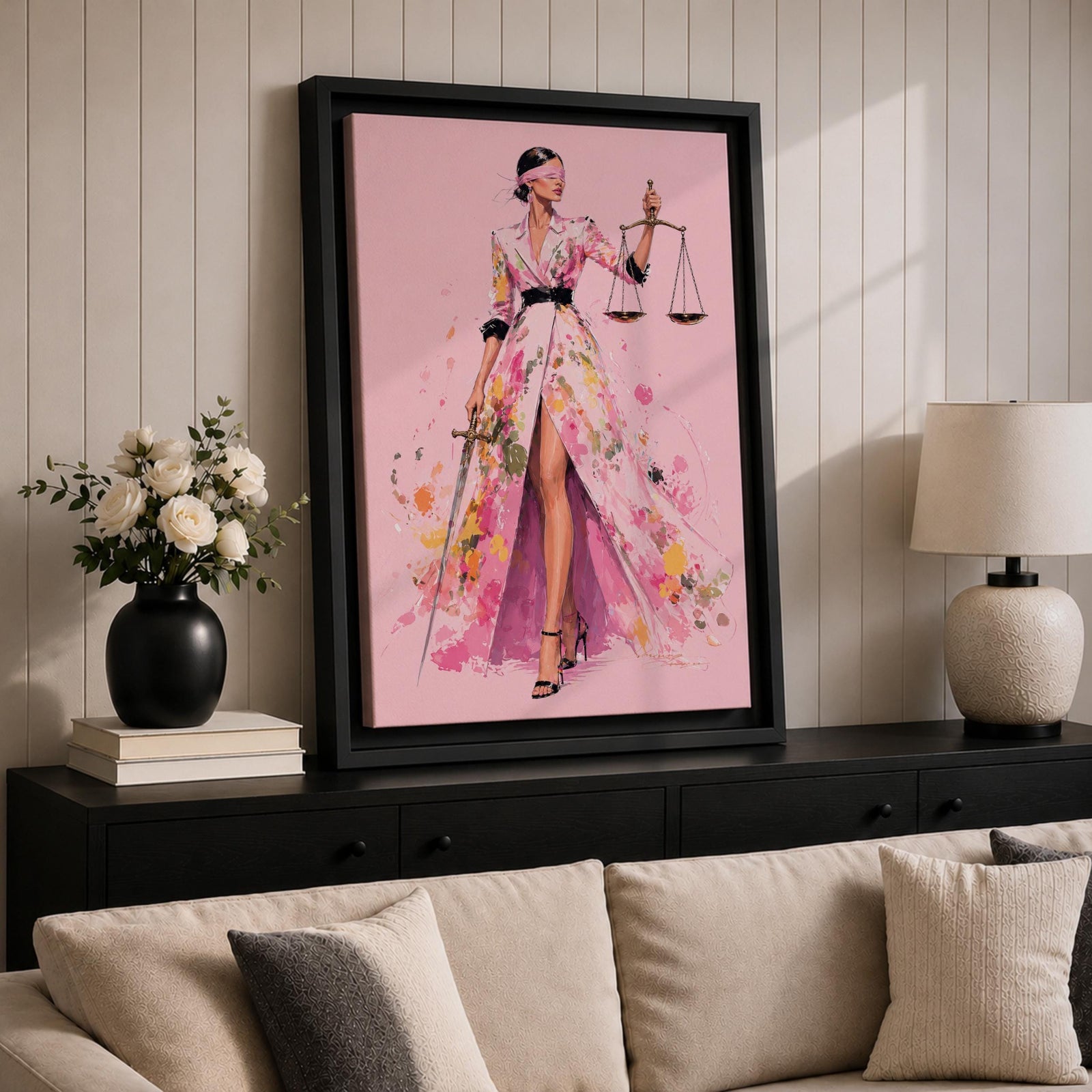 Elevate your workspace with this Lady Justice Wall Art, featuring a stylish blindfolded Lady Justice in a flowing pink floral gown holding the scales and sword. Elegant watercolor splashes, soft blush tones, and contemporary fashion illustration create the perfect statement piece for modern lawyer offices and legal professionals.