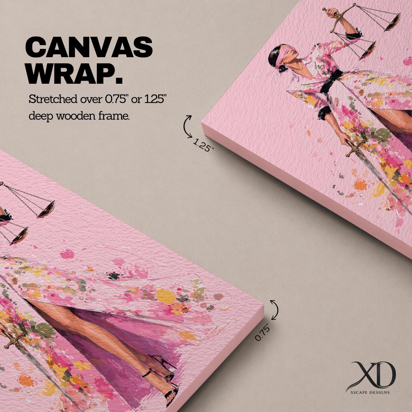 Elevate your workspace with this Lady Justice Wall Art, featuring a stylish blindfolded Lady Justice in a flowing pink floral gown holding the scales and sword. Elegant watercolor splashes, soft blush tones, and contemporary fashion illustration create the perfect statement piece for modern lawyer offices and legal professionals.