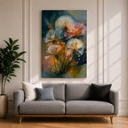 Dreamy botanical wall art featuring delicate dandelion seedheads in soft white, blush pink, and golden tones. Expressive contemporary brushstrokes, glowing highlights, and an atmospheric blue-green background create a serene floral composition perfect for modern, cottagecore, and nature-inspired interiors.
