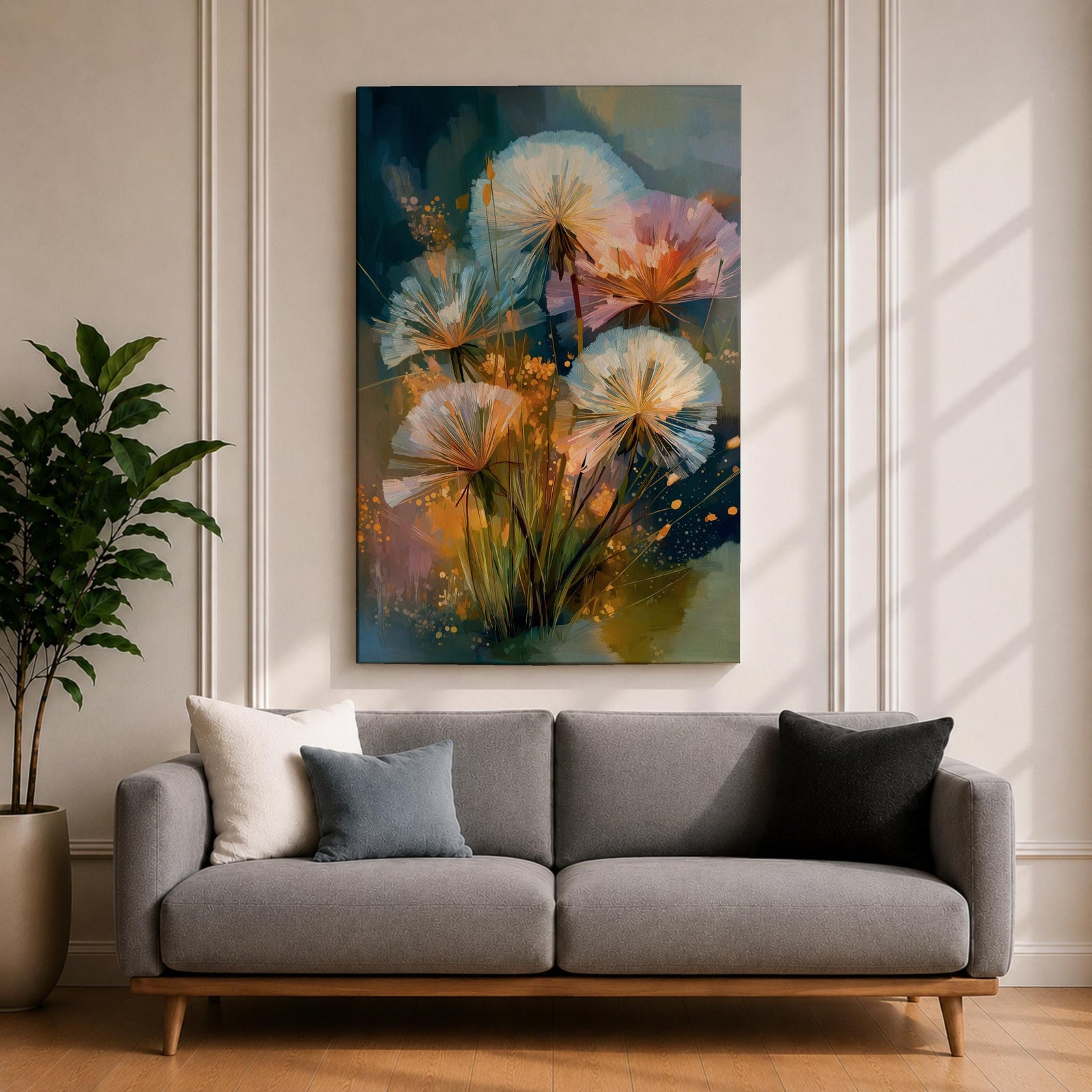 Dreamy botanical wall art featuring delicate dandelion seedheads in soft white, blush pink, and golden tones. Expressive contemporary brushstrokes, glowing highlights, and an atmospheric blue-green background create a serene floral composition perfect for modern, cottagecore, and nature-inspired interiors.