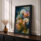 Dreamy botanical wall art featuring delicate dandelion seedheads in soft white, blush pink, and golden tones. Expressive contemporary brushstrokes, glowing highlights, and an atmospheric blue-green background create a serene floral composition perfect for modern, cottagecore, and nature-inspired interiors.