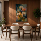 Dreamy botanical wall art featuring delicate dandelion seedheads in soft white, blush pink, and golden tones. Expressive contemporary brushstrokes, glowing highlights, and an atmospheric blue-green background create a serene floral composition perfect for modern, cottagecore, and nature-inspired interiors.