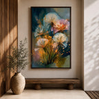 Dreamy botanical wall art featuring delicate dandelion seedheads in soft white, blush pink, and golden tones. Expressive contemporary brushstrokes, glowing highlights, and an atmospheric blue-green background create a serene floral composition perfect for modern, cottagecore, and nature-inspired interiors.