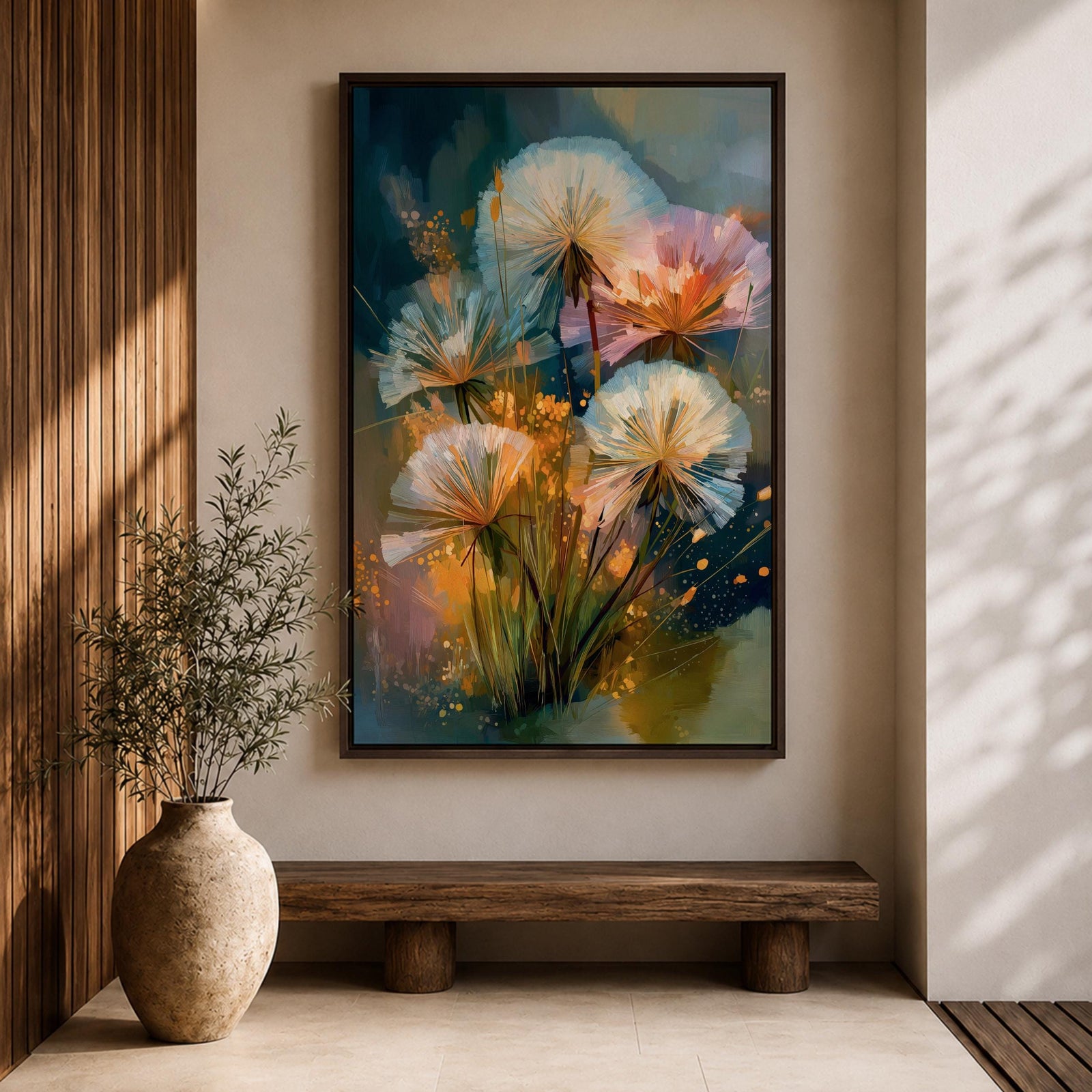 Dreamy botanical wall art featuring delicate dandelion seedheads in soft white, blush pink, and golden tones. Expressive contemporary brushstrokes, glowing highlights, and an atmospheric blue-green background create a serene floral composition perfect for modern, cottagecore, and nature-inspired interiors.