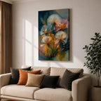 Dreamy botanical wall art featuring delicate dandelion seedheads in soft white, blush pink, and golden tones. Expressive contemporary brushstrokes, glowing highlights, and an atmospheric blue-green background create a serene floral composition perfect for modern, cottagecore, and nature-inspired interiors.