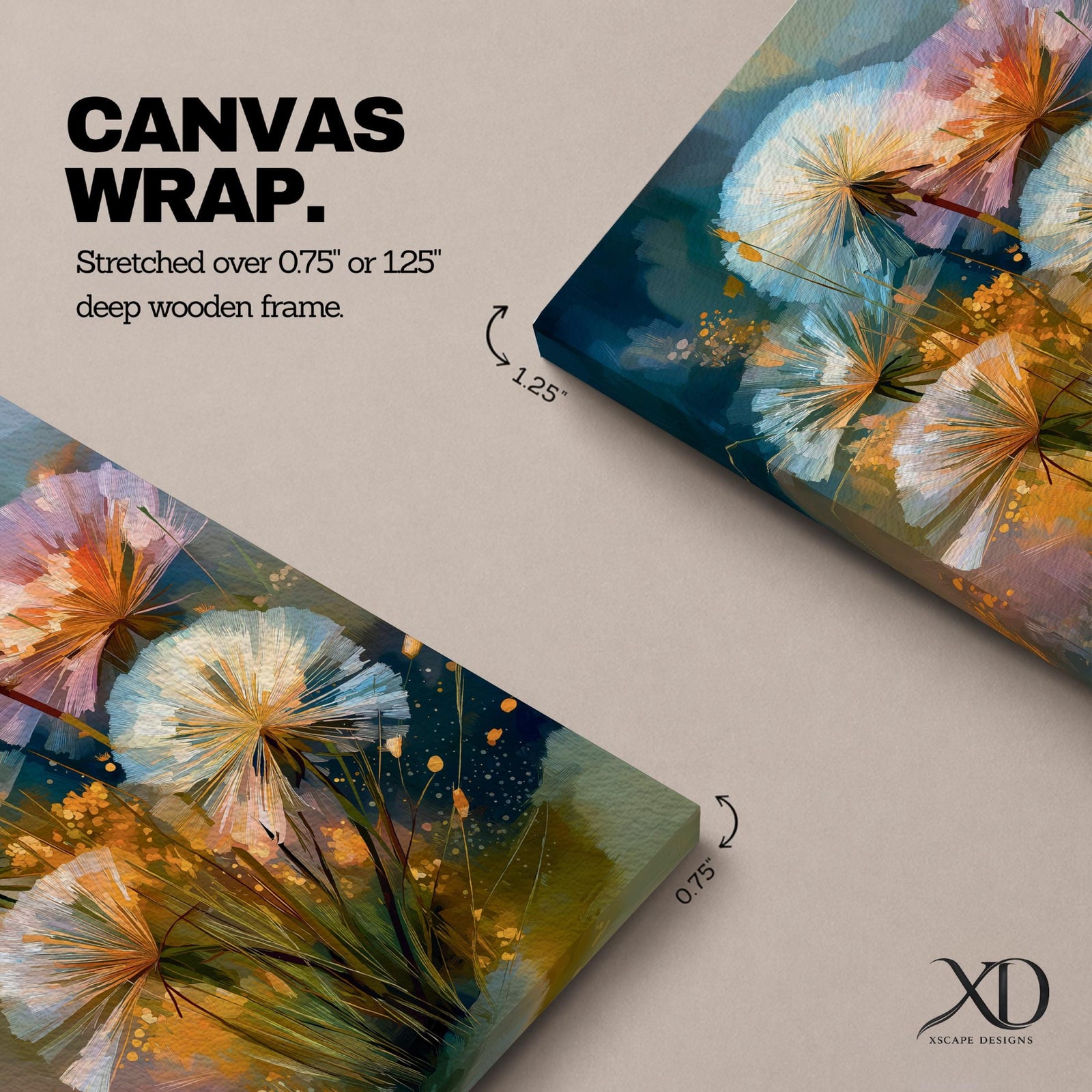Dreamy botanical wall art featuring delicate dandelion seedheads in soft white, blush pink, and golden tones. Expressive contemporary brushstrokes, glowing highlights, and an atmospheric blue-green background create a serene floral composition perfect for modern, cottagecore, and nature-inspired interiors.
