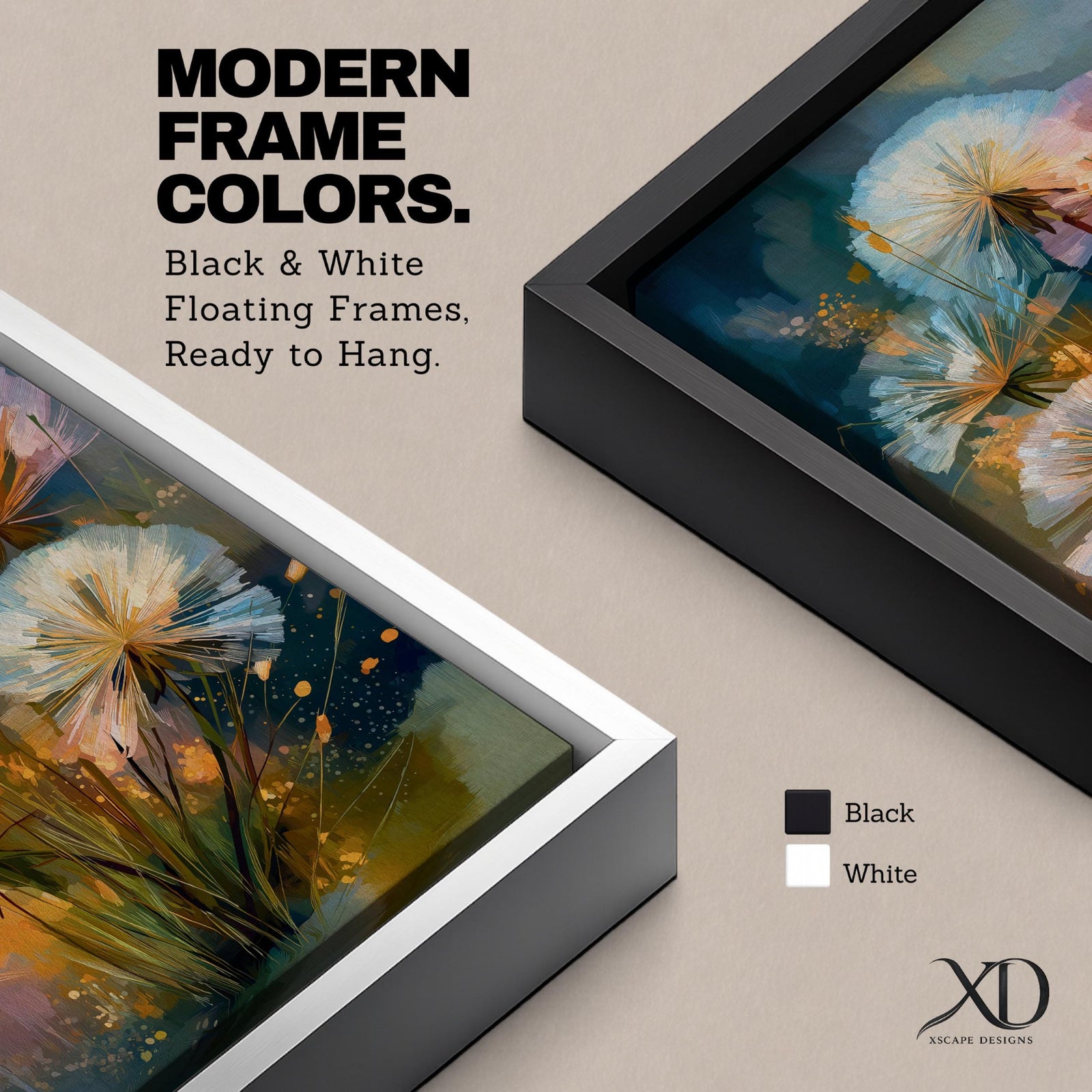Dreamy botanical wall art featuring delicate dandelion seedheads in soft white, blush pink, and golden tones. Expressive contemporary brushstrokes, glowing highlights, and an atmospheric blue-green background create a serene floral composition perfect for modern, cottagecore, and nature-inspired interiors.