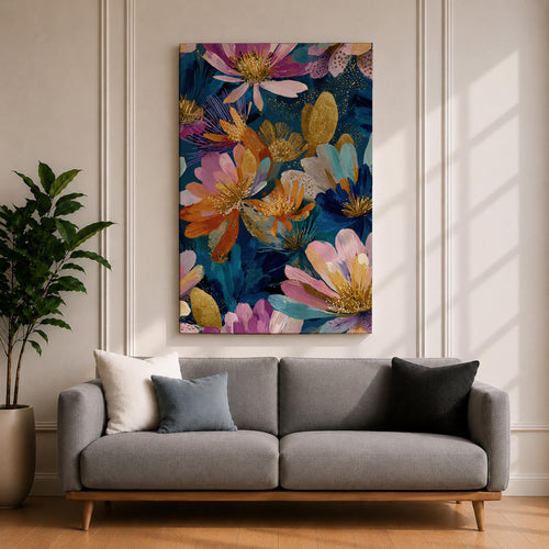 Brighten your home with this Abstract Floral Wall Art, featuring vibrant wildflowers in rich jewel tones accented with elegant gold details. Bold botanical brushstrokes and expressive contemporary styling create a stunning statement piece for living rooms, bedrooms, and modern interiors.