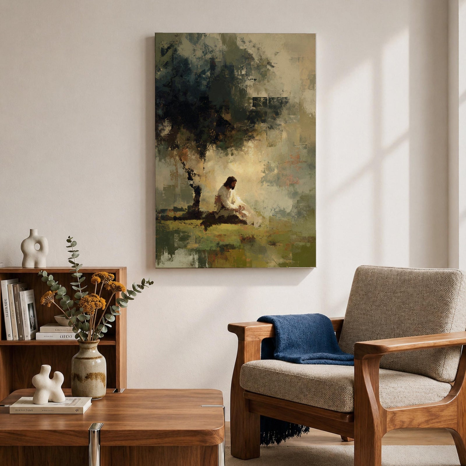 Reflect on faith and peace with this Jesus Praying Wall Art, portraying Christ seated beneath a tree in a tranquil garden rendered in soft impressionist brushstrokes. Neutral earth tones, atmospheric light, and a serene landscape create a meaningful focal point for Christian homes and prayer spaces.