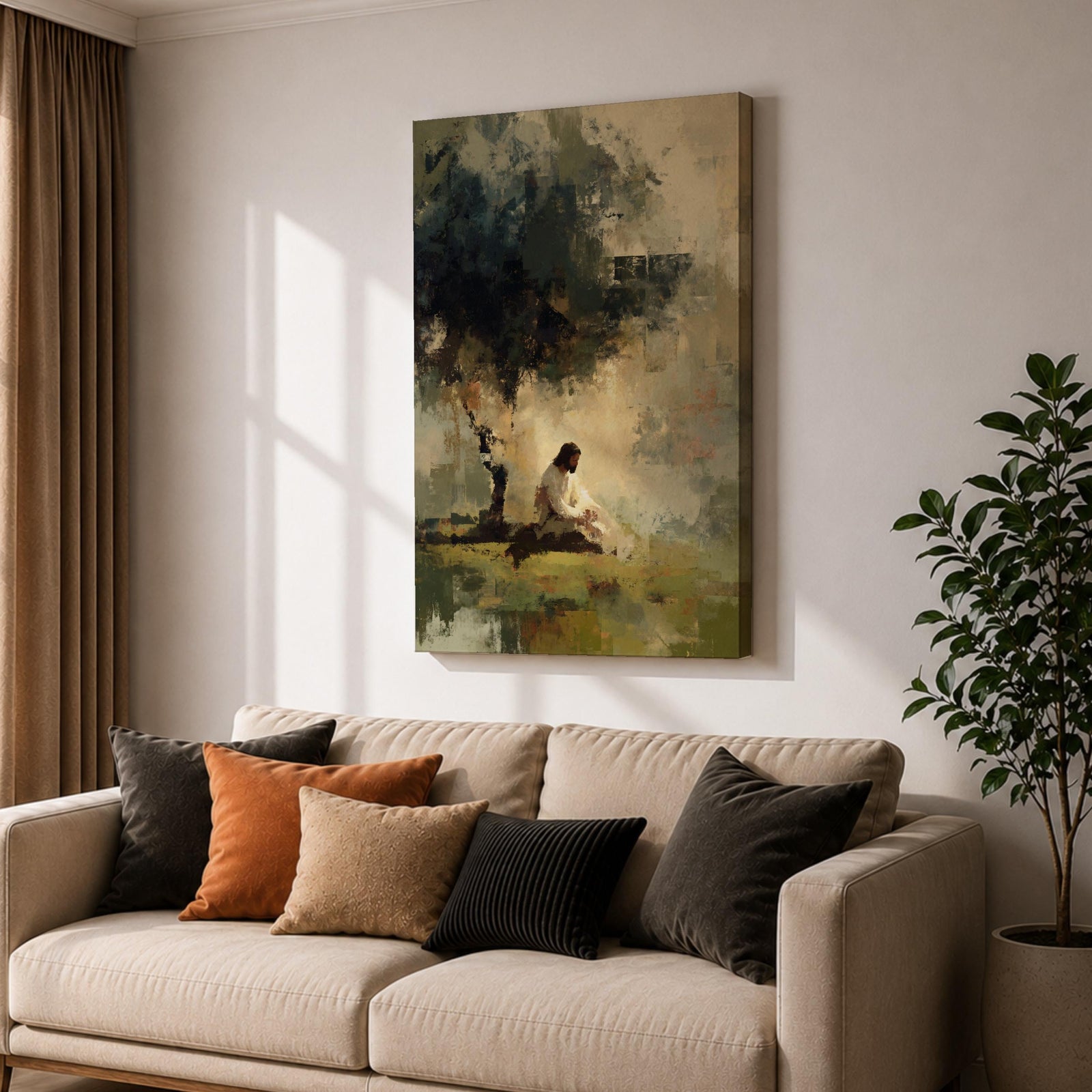 Reflect on faith and peace with this Jesus Praying Wall Art, portraying Christ seated beneath a tree in a tranquil garden rendered in soft impressionist brushstrokes. Neutral earth tones, atmospheric light, and a serene landscape create a meaningful focal point for Christian homes and prayer spaces.