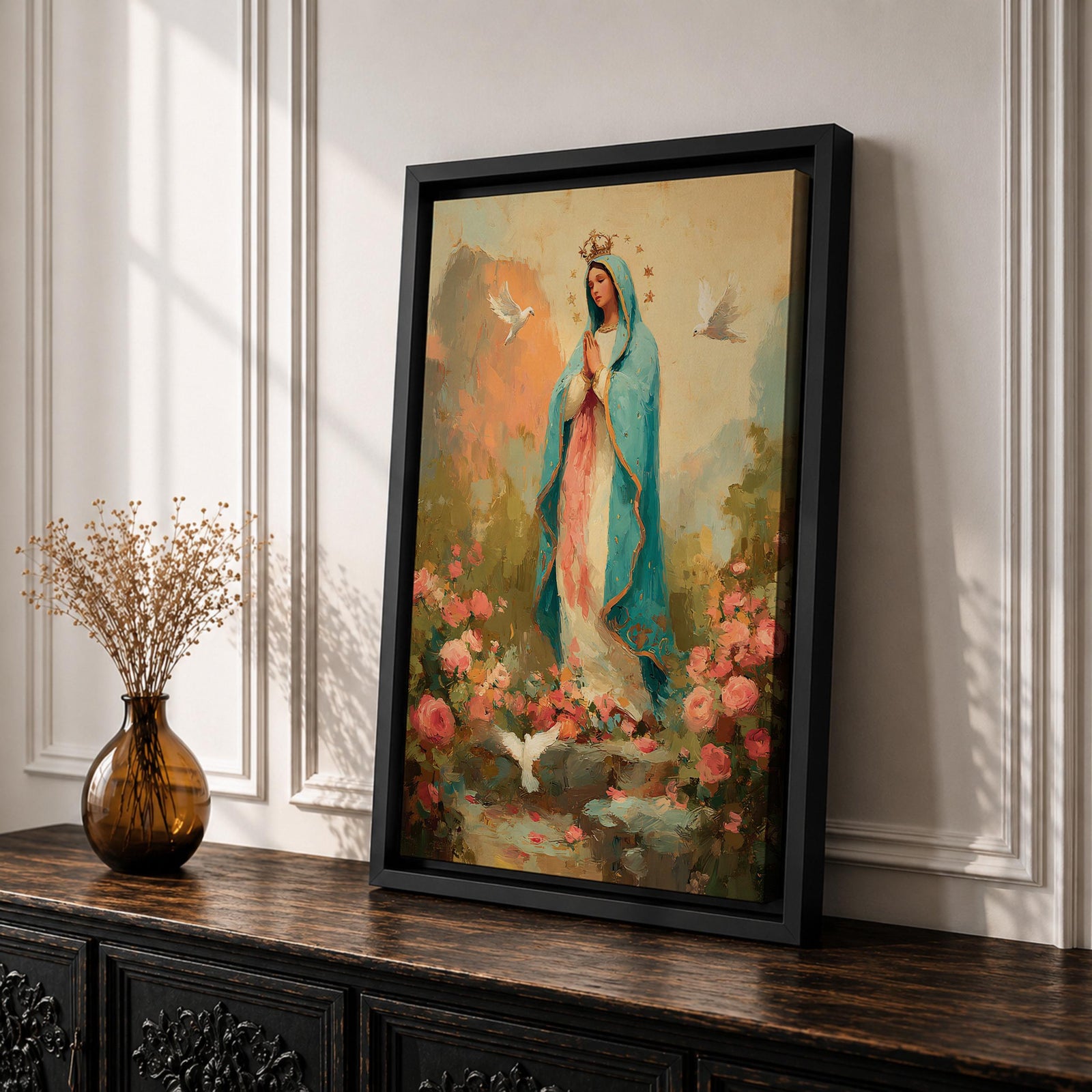 Virgin Mary wall art featuring Madonna in prayer surrounded by blooming roses and white doves in a peaceful garden. Soft pastel colors and impressionist brushwork create a beautiful Christian religious artwork for prayer rooms and sacred spaces.