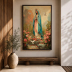 Virgin Mary wall art featuring Madonna in prayer surrounded by blooming roses and white doves in a peaceful garden. Soft pastel colors and impressionist brushwork create a beautiful Christian religious artwork for prayer rooms and sacred spaces.