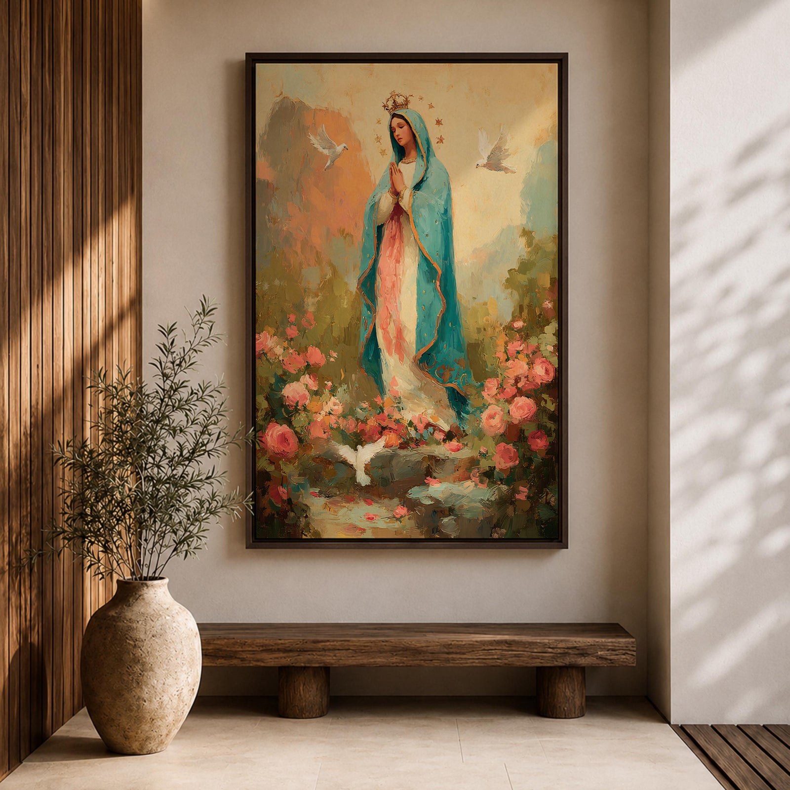 Virgin Mary wall art featuring Madonna in prayer surrounded by blooming roses and white doves in a peaceful garden. Soft pastel colors and impressionist brushwork create a beautiful Christian religious artwork for prayer rooms and sacred spaces.