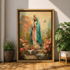 Virgin Mary wall art featuring Madonna in prayer surrounded by blooming roses and white doves in a peaceful garden. Soft pastel colors and impressionist brushwork create a beautiful Christian religious artwork for prayer rooms and sacred spaces.