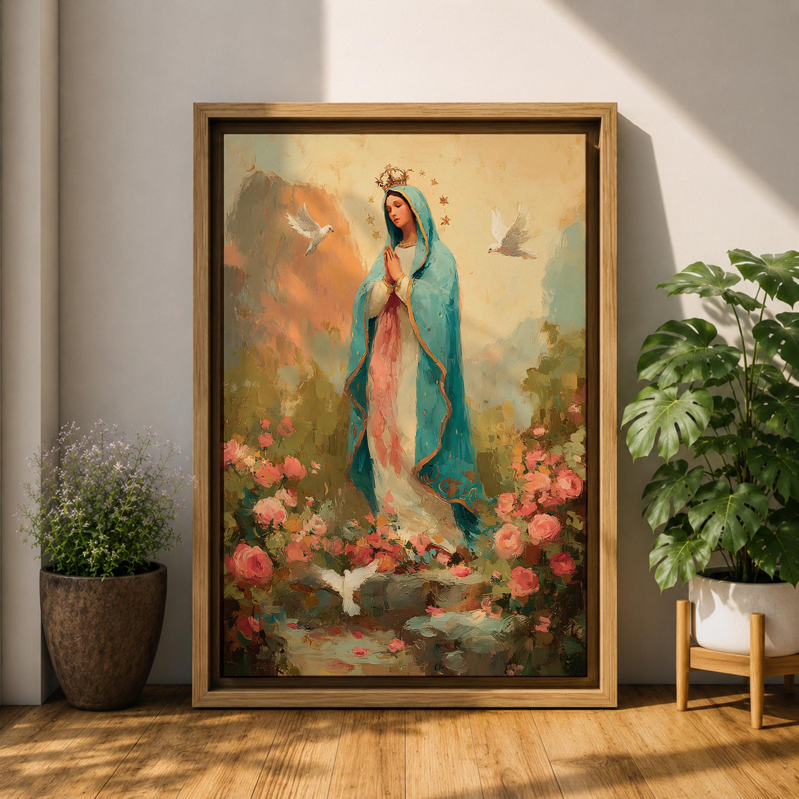 Virgin Mary wall art featuring Madonna in prayer surrounded by blooming roses and white doves in a peaceful garden. Soft pastel colors and impressionist brushwork create a beautiful Christian religious artwork for prayer rooms and sacred spaces.