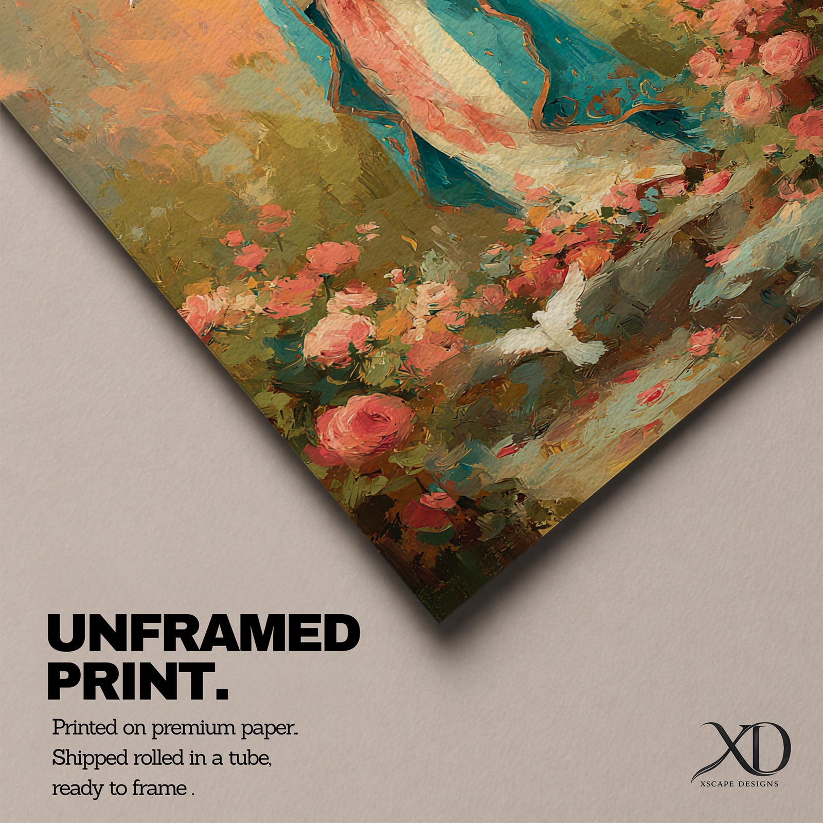 Virgin Mary wall art featuring Madonna in prayer surrounded by blooming roses and white doves in a peaceful garden. Soft pastel colors and impressionist brushwork create a beautiful Christian religious artwork for prayer rooms and sacred spaces.