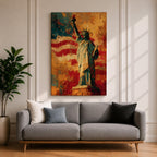 Statue of Liberty wall art featuring Lady Liberty standing before a dramatic American flag rendered in bold abstract brushstrokes. Rich red, white, blue, and gold tones create a patriotic artwork that celebrates freedom, independence, national pride, and the enduring spirit of the United States.