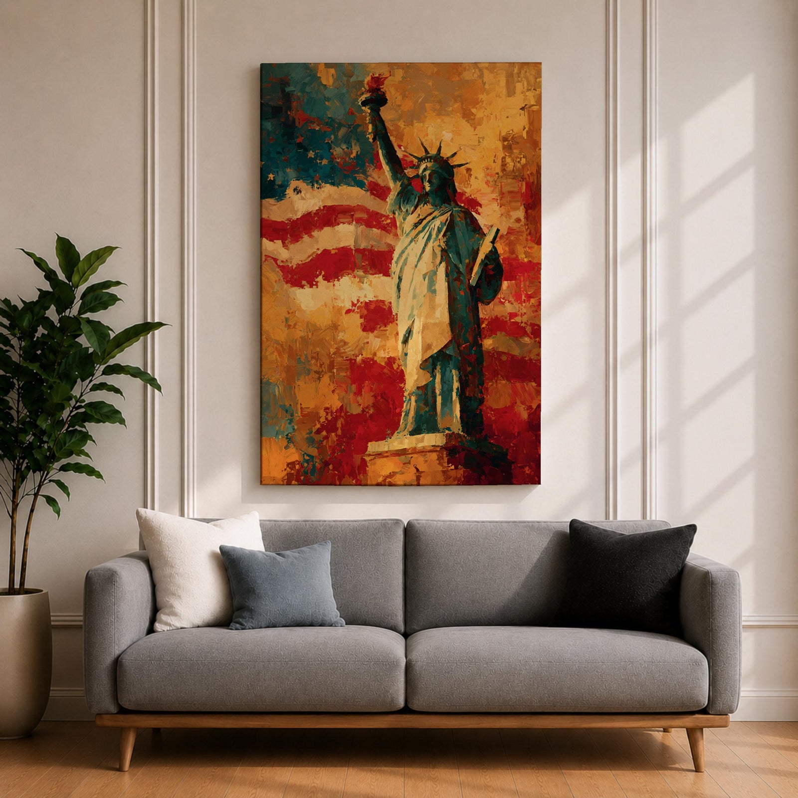 Statue of Liberty wall art featuring Lady Liberty standing before a dramatic American flag rendered in bold abstract brushstrokes. Rich red, white, blue, and gold tones create a patriotic artwork that celebrates freedom, independence, national pride, and the enduring spirit of the United States.