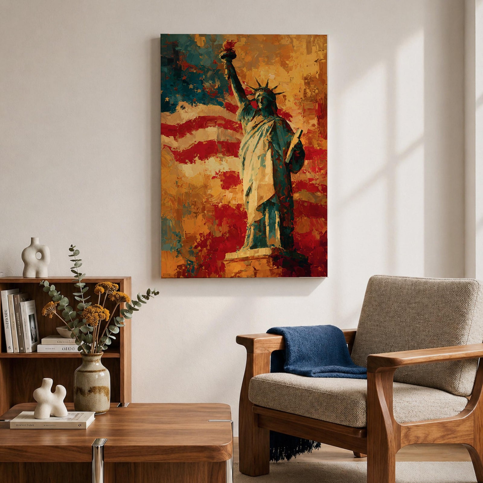 Statue of Liberty wall art featuring Lady Liberty standing before a dramatic American flag rendered in bold abstract brushstrokes. Rich red, white, blue, and gold tones create a patriotic artwork that celebrates freedom, independence, national pride, and the enduring spirit of the United States.