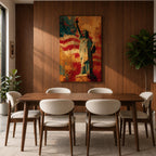 Statue of Liberty wall art featuring Lady Liberty standing before a dramatic American flag rendered in bold abstract brushstrokes. Rich red, white, blue, and gold tones create a patriotic artwork that celebrates freedom, independence, national pride, and the enduring spirit of the United States.