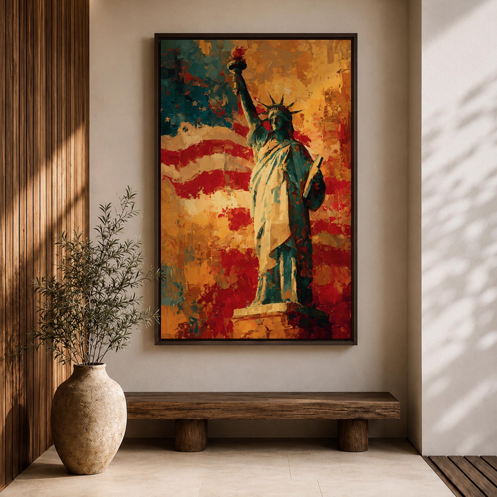 Statue of Liberty wall art featuring Lady Liberty standing before a dramatic American flag rendered in bold abstract brushstrokes. Rich red, white, blue, and gold tones create a patriotic artwork that celebrates freedom, independence, national pride, and the enduring spirit of the United States.